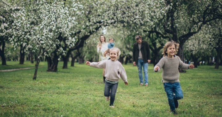 A happy family running and playing among blooming trees in a lush green park during spring.
